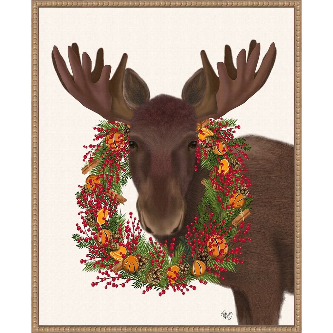 Christmas Moose and Cranberry Wreath by Fab Funky 23-in. W x 28-in. H. Canvas Wall Art Print Framed
